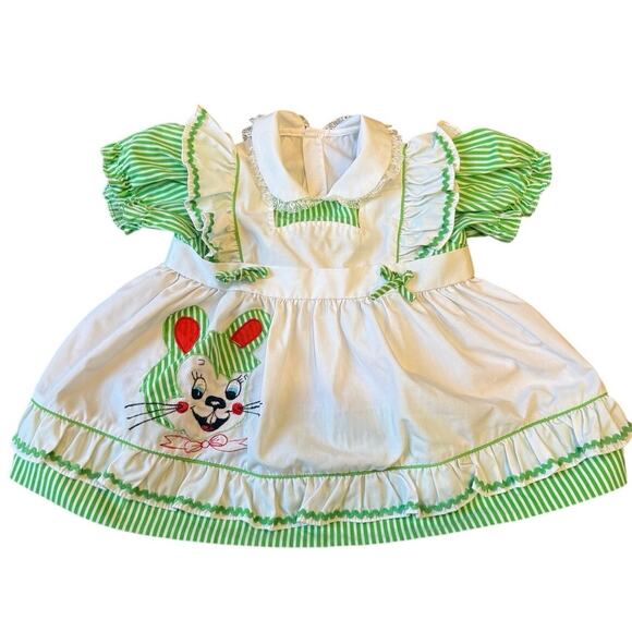 Vintage 50s Bunny Mouse Cartoon Dress striped Puff Sleeve Peter Pan Collar 12M - Picture 1 of 7